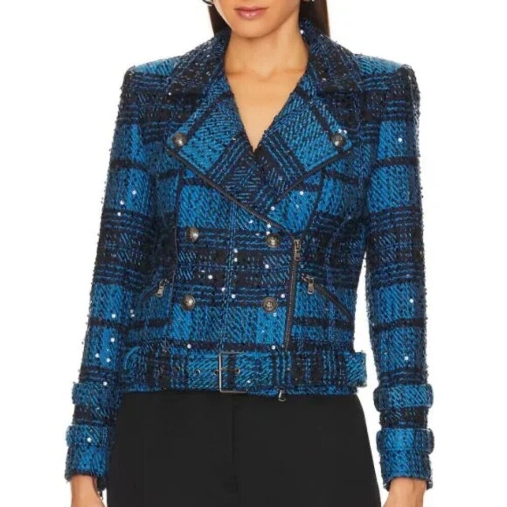 L'Agence Billie Sequin Plaid Tweed Jacket, Cobalt Blue/Black $795 NWT Size Small